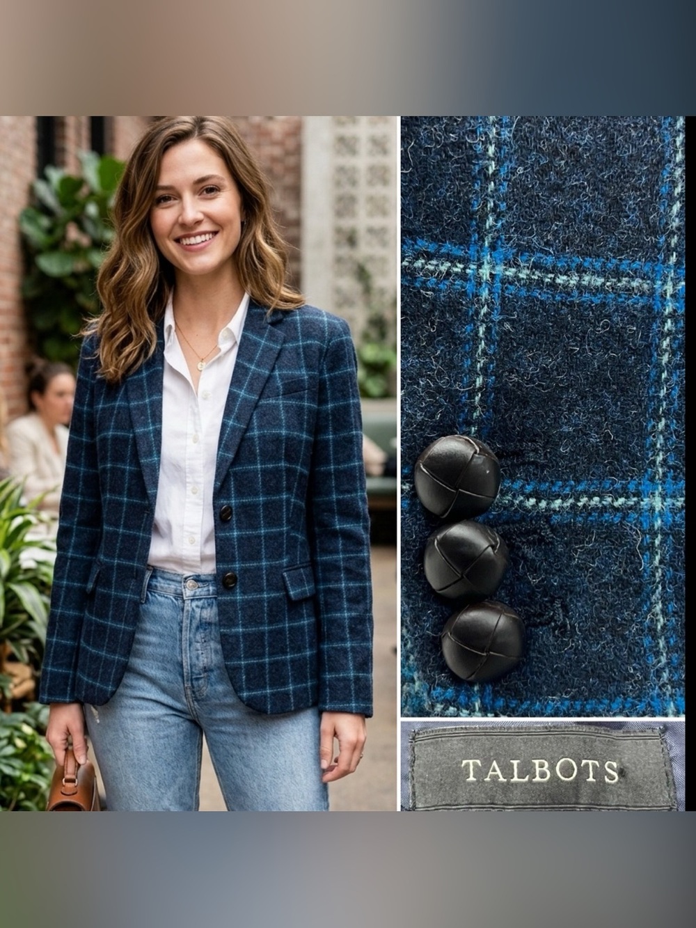 Talbots Women’s 16 Blue Plaid Tweed Wool Blazer Jacket